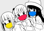  3girls akamatsu_yui bangs blunt_bangs commentary_request grey_background greyscale hair_bobbles hair_ornament hand_on_another&#039;s_shoulder hat highres hood hood_down hoodie katsuwo_(cr66g) kise_sacchan kotoha_(mitsuboshi_colors) long_hair long_sleeves looking_at_viewer mask mitsuboshi_colors monochrome mouth_mask multiple_girls short_hair short_ponytail side_ponytail simple_background spot_color surgical_mask upper_body 