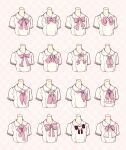  6+girls black_bow bow bowtie checkered checkered_background collared_shirt cropped_torso flower highres multiple_girls neckerchief original pink_background pink_bow pink_neckwear rose sakura_oriko shirt short_sleeves skull white_flower white_rose white_shirt 