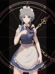  1girl apron blue_eyes clock_hands cowboy_shot expressionless grey_hair highres hiwonoafu izayoi_sakuya knife looking_at_viewer maid maid_apron maid_headdress short_braid side_braids solo throwing_knife touhou weapon 