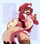  2017 5_fingers accessory anthro anus armwear bell black_nose blue_background blush bottomless brown_body brown_fur brown_hair butt canid canine caninelove canis christmas christmas_clothing christmas_headwear christmas_tree clothed clothing dipstick_tail elbow_gloves fingers fur garter gift girly gloves green_eyes hair handwear hat headgear headwear holding_object holidays jingle_bell leaning leaning_forward legwear male mammal matthew_(articwuff) multicolored_tail muzzle_(marking) plant raised_arm sack santa_dress santa_hat shadow short_hair signature simple_background smile solo standing teeth thigh_highs tree wolf 