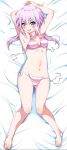  1girl alice_gear_aegis armpits arms_up bangs bare_shoulders bikini blush breasts dakimakura_(medium) eggman_(pixiv28975023) eyebrows_visible_through_hair full_body hair_between_eyes highres hirasaka_yotsuyu long_hair looking_at_viewer navel open_mouth pink_eyes pink_hair simple_background small_breasts stomach sweat swimsuit swimwear white_background 