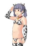  1girl animal_ears animal_print bikini black_eyes black_ribbon bridal_gauntlets chagamaka commentary_request cow_ears cow_horns cow_print cowboy_shot fake_animal_ears fake_horns flat_chest grey_hair hair_ribbon highres horns kantai_collection ooshio_(kantai_collection) ribbon salute short_hair short_twintails side-tie_bikini simple_background solo standing swimsuit twintails white_background white_bikini 