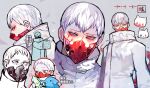  1boy coat grey_hair high_collar highres jacket long_sleeves looking_at_viewer male_focus mask mouth_mask pencil_15 red_eyes short_hair silver_hair solo tatara_(tokyo_ghoul) tokyo_ghoul white_hair 