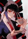  1girl artist_name bangs black_hair black_jacket black_nails blunt_bangs bonnet celestia_ludenberg center_frills closed_mouth collared_shirt colored_inner_hair commentary_request cup danganronpa:_trigger_happy_havoc danganronpa_(series) dress drill_hair earrings frilled_dress frilled_sleeves frills gothic_lolita gradient gradient_background grey_background hairband highres holding jacket jewelry lolita_fashion lolita_hairband long_hair long_sleeves looking_at_viewer multicolored_hair nail_polish necktie print_neckwear red_eyes red_neckwear remonoart shirt smile solo teacup twin_drills twintails upper_body white_shirt 