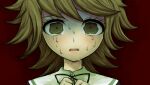  1girl bangs brown_hair commentary_request crying crying_with_eyes_open danganronpa:_trigger_happy_havoc danganronpa_(series) face fujisaki_chihiro highres komatsuzaki_rui_(style) looking_at_viewer neck_ribbon nekoma_hikaru official_style open_mouth portrait ribbon short_hair solo tears upper_teeth 