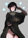  1girl arm_wrap black_hair blue_eyes blush crystal dark_souls dark_souls_iii daughter_of_crystal_kriemhild dress female_pubic_hair flashing highres jewelry magic nail_polish necklace pubic_hair scathegrapes skirt skirt_lift smile solo souls_(from_software) tied_hair 