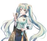  1girl black_ribbon blue_bow bow closed_mouth commission green_eyes green_hair green_shirt hatsune_miku long_hair long_sleeves microphone munape ribbon shirt smile solo twintails vocaloid white_background 