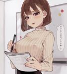 1girl bangs beige_sweater black_skirt bob_cut breasts brown_eyes brown_hair covered_nipples deha_rou holding holding_paper holding_pen indoors long_sleeves looking_at_viewer medium_breasts office_lady original paper parted_lips pen ribbed_sweater short_hair skirt solo sweat sweater thought_bubble translation_request turtleneck turtleneck_sweater whiteboard 
