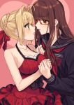  2girls bare_shoulders blonde_hair blush braid breasts brown_eyes brown_hair cleavage cowboy_shot eye_contact fate/extra fate/extra_ccc fate_(series) french_braid glasses holding_hands imminent_kiss karokuchitose kishinami_hakuno_(female) long_hair looking_at_another medium_breasts multicolored_hair multiple_girls nero_claudius_(fate) nero_claudius_(fate)_(all) parted_lips pink_background polka_dot polka_dot_background red-framed_eyewear school_uniform serafuku sweatdrop yuri 