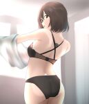  1girl against_window ass back bare_shoulders black_bra blush bra breasts brown_eyes brown_hair haguro_(kantai_collection) hair_ornament highres indoors kantai_collection looking_at_viewer looking_back open_mouth shirt short_hair tama_(seiga46239239) underwear undressing white_shirt 