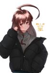  1girl ahoge alternate_costume artist_logo black_jacket brown_eyes brown_hair coat commentary_request dated grey_sweater highres huge_ahoge jacket kantai_collection kuma_(kantai_collection) ld_(luna_dial398) long_hair looking_at_viewer simple_background solo sweater turtleneck upper_body white_background winter_clothes winter_coat 