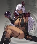  1girl black_footwear black_gloves boots breasts bridal_gauntlets closed_mouth crossed_legs crystal_ball dark_skin dark_skinned_female elbow_gloves feathers gloves grey_background hair_feathers holding houtengeki invisible_chair large_breasts long_hair looking_at_viewer original purple_hair red_eyes sitting solo 