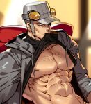  1boy abs bara bare_pecs black_shirt chest_hair close-up earrings facial_hair grey_jacket hat headphones hood hooded_jacket iwai_munehisa jacket jewelry male_focus mouth_hold muscular muscular_male na_insoo navel nipples open_clothes open_jacket pectorals persona persona_5 reward_available self_shot shirt shirt_lift short_hair sideburns solo stomach stubble 