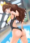  1girl amanogawa_kirara ass bangs black_swimsuit blunt_bangs breasts brown_hair commentary_request competition_swimsuit covered_nipples cowboy_shot dutch_angle eunos go!_princess_precure hairband highres indoors large_breasts long_hair looking_at_viewer one-piece_swimsuit pool precure purple_eyes rei_no_pool solo standing swimsuit yellow_hairband 