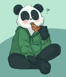  ? anthro blush bottomless brown_eyes clothed clothing eating eating_food fan_character food giant_panda hoodie male mammal overweight overweight_anthro overweight_male pizza sinamuna sitting solo topwear ursid 