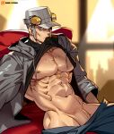  1boy abs ass bara bare_pecs black_shirt chest_hair earrings facial_hair grey_jacket hat headphones hood hooded_jacket iwai_munehisa jacket jewelry male_focus mouth_hold muscular muscular_male na_insoo navel nipples open_clothes open_jacket pants pants_removed pectorals penis persona persona_5 reward_available self_shot shirt shirt_lift short_hair sideburns solo stomach stubble uncensored veins veiny_penis 
