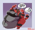  belly big_belly breasts female fur green_eyes incineroar lowkey nintendo overweight overweight_female pok&eacute;mon pok&eacute;mon_(species) red_body red_fur simple_background solo speech_bubble thick_thighs video_games yellow_sclera 