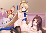  2girls :d absurdres arm_support bangs bed_sheet blonde_hair blue_eyes blue_legwear blush brown_hair brown_legwear cagliostro_(granblue_fantasy) character_doll closed_mouth collarbone commentary_request eyebrows_visible_through_hair fate/grand_order fate_(series) flat_chest forehead fou_(fate/grand_order) granblue_fantasy green_eyes highres kneeling leonardo_da_vinci_(fate/grand_order) long_hair lying multiple_girls navel on_bed on_side open_mouth parted_bangs ponytail purple_eyes pussy senbon_tsuki smile spread_legs stomach tears thighhighs tiara tribadism uncensored v-shaped_eyebrows vee_(granblue_fantasy) yuri 