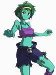  1girl absurdres blue_shorts colored_skin earrings green_hair green_skin headband highres jewelry looking_at_viewer midriff navel nunogire open_hands red_eyes rottytops shantae_(series) short_hair shorts skull skull_belt skull_earrings smile solo stitches white_background yellow_headband zombie 
