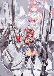  1girl absurdres armor bangs breasts cleavage covered_navel english_commentary eyepatch green_eyes gun gundam gundam_unicorn highres holding holding_gun holding_knife holding_weapon horns huge_weapon knife leotard long_hair medium_breasts one_eye_covered red_hair rifle science_fiction skindentation sniper_rifle solo standing syaha thighhighs unicorn_gundam v-fin weapon zoom_layer 