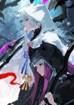  1boy 1girl alchemaniac black_robe blue_background braid closed_mouth earrings fate/grand_order fate_(series) feather_earrings feathers flower_knot from_side hair_between_eyes height_difference highres holding holding_staff hood hood_up hooded_robe jewelry long_hair medusa_(lancer)_(fate) merlin_(fate) profile purple_hair red_eyes rider smile staff white_hair white_robe 