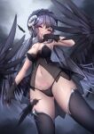  1girl :q armpits ass_visible_through_thighs bare_arms bare_shoulders beret black_choker black_gloves black_hair black_headwear black_legwear black_panties breasts choker cleavage closed_mouth demon_girl demon_horns feathered_wings feathers gloves groin hat highres horns long_hair looking_at_viewer low_twintails medium_breasts navel original panties pink_eyes pointy_ears pubic_tattoo revealing_clothes see-through smile solo standing stomach string_panties tattoo thighhighs thighs tongue tongue_out twintails umou_(may65879) underwear very_long_hair wings 