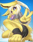  4_toes anthro blue_sclera bottomwear breasts clothing eeveelution electricity feet female gesture hoodie jolteon juice_box kneeling legwear looking_at_viewer low-angle_view nintendo pok&eacute;mon pok&eacute;mon_(species) rilex_lenov shorts solo toes topwear under_boob v_sign video_games 