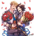  2boys blonde_hair blush bouquet brown_hair brown_pants couple flower granblue_fantasy green_eyes head_to_head highres holding holding_bouquet husband_and_husband lancelot_(granblue_fantasy) male_focus multiple_boys oneirio pants petals shirt short_hair smile vane_(granblue_fantasy) white_shirt yaoi 