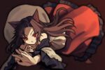  1girl akaiha_(akaihasugk) animal_ears bangs blurry blurry_background brown_hair dress eyebrows_visible_through_hair frilled_sleeves frills full_body highres imaizumi_kagerou long_hair long_sleeves looking_at_viewer multicolored multicolored_clothes multicolored_dress off-shoulder_dress off_shoulder open_mouth red_dress red_eyes shade solo touhou two-tone_dress v-shaped_eyebrows white_dress wide_sleeves wolf_ears 