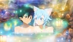  1boy 1girl absurdres animal_ears black_hair blue_hair breasts cat_ears cleavage collarbone couple hand_on_another&#039;s_shoulder hetero highres imminent_kiss kirinonsh kirito_(sao-alo) lantern mixed_bathing nude outdoors paper_lantern partially_submerged pointy_ears shiny shiny_hair short_hair short_hair_with_long_locks sidelocks sinon_(sao-alo) small_breasts sword_art_online upper_body 