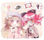  2girls alternate_costume anya_melfissa bangs black_bow blonde_hair blush bow brown_hair cellphone chibi dokkun0818 double_bun drink drinking_straw english_commentary eyebrows_visible_through_hair food fur_trim gradient_hair grey_hair grey_jacket hair_bow heart heterochromia holding holding_drink holding_phone hololive hololive_indonesia iphone_x jacket kureiji_ollie looking_down microphone multicolored_hair multiple_girls musical_note open_mouth phone pink_jacket popcorn purple_eyes red_eyes smartphone speech_bubble two_side_up white_bow yellow_eyes 