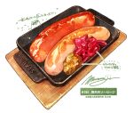  food food_focus highres meat momiji_mao no_humans original sausage signature simple_background still_life translation_request tray white_background 