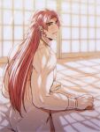  1boy ass blush from_behind hair_down highres kunyu long_hair looking_back male_focus muscular muscular_male nude red_hair sideburns sliding_doors tonbokiri_(touken_ranbu) touken_ranbu under_covers yellow_eyes 