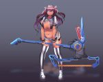  1girl absurdres bangs black_bra blue_eyes blurry blurry_background bow bowtie bra breasts cleavage collarbone dark_skin eyebrows_visible_through_hair eyepatch gradient gradient_background hair_between_eyes hair_ribbon halberd hat highres holding holding_weapon hose large_breasts long_hair looking_at_viewer navel open_mouth pink_hair polearm puffy_short_sleeves puffy_sleeves reflection ribbon sailor_collar sailor_hat shiny shiny_clothes shiny_hair shoes short_shorts short_sleeves shorts shoulder_strap shrug_(clothing) skindentation solo standing striped striped_legwear striped_wrist_cuffs tajyador thick_thighs thighhighs thighs tsurime two_side_up underwear weapon white_headwear white_ribbon wrist_cuffs 