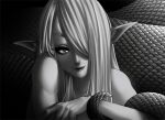  1girl apophis_(monster_girl_encyclopedia) black_sclera closed_mouth colored_sclera completely_nude greyscale hair_over_one_eye highres lamia loen looking_at_viewer monochrome monster_girl monster_girl_encyclopedia nude one_eye_covered pointy_ears slit_pupils smile solo 