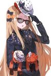  1girl abigail_williams_(fate/grand_order) adapted_costume alchemaniac bandaid bandaid_on_forehead black-framed_eyewear black_bow black_gloves blonde_hair blue_jacket bow fate/grand_order fate_(series) gloves hand_up hat highres holding holding_clothes holding_hat holding_stuffed_toy jacket long_hair long_sleeves looking_at_viewer open_mouth orange_bow polka_dot polka_dot_bow polka_dot_headwear red_eyes simple_background solo stuffed_animal stuffed_toy sunglasses teddy_bear top_hat upper_body very_long_hair white_background white_headwear 