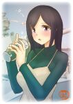  1girl artist_logo beige_dress black_hair can commentary_request drunk green_eyes green_sweater kantai_collection long_hair looking_at_viewer mushi_mushi_ex official_alternate_costume solo souryuu_(kantai_collection) strong_zero sweater turtleneck upper_body 
