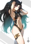 1girl absurdres armpits arms_behind_head arms_up bangs bare_shoulders black_hair black_leotard blush bracelet breasts center_opening earrings fate/grand_order fate_(series) gold_trim highres hoop_earrings ishtar_(fate)_(all) ishtar_(fate/grand_order) jewelry leotard long_hair looking_at_viewer medium_breasts navel parted_bangs red_eyes saco_(cgmore) thighs two_side_up 