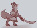  animal_genitalia anthro armello canid canine clothed clothing female fox fur genitals hand_behind_back jewelry mammal melee_weapon monochrome neck_tuft scarlet_(armello) sheath sketch smile solo standing sword tfzn tuft video_games weapon 