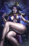  1girl anklet breasts crossed_legs dandon_fuga hades_(game) highres jewelry large_breasts lips lipstick long_hair makeup necklace nyx_(hades) purple_hair sitting solo thick_thighs thighs yellow_eyes 