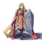  1girl adapted_costume armor armored_dress automatic_giraffe belt blonde_hair blue_eyes boots brown_footwear cape circlet commentary cosplay dress edelgard_von_hresvelg edelgard_von_hresvelg_(cosplay) english_commentary faulds fire_emblem fire_emblem:_three_houses full_body gloves hammer holding holding_hammer holding_shield holding_weapon huge_weapon jewelry long_hair multicolored multicolored_clothes multicolored_dress necklace pauldrons pearl_necklace pelvic_curtain pink_cape pink_dress pink_gloves pointy_ears princess_zelda shield shoulder_armor sidelocks solo super_smash_bros. the_legend_of_zelda triforce vambraces war_hammer weapon white_background white_dress 