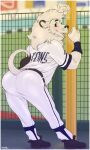  2021 absurd_res anthro baseball_(sport) baseball_uniform bottomwear butt butt_focus clothed clothing felid footwear furgonomics hi_res leo_(saitama_seibu_lions) lion looking_back male mammal mane mascot muscular muscular_anthro muscular_male nippon_professional_baseball open_mouth open_smile outside pantherine pants saitama_seibu_lions shaking_butt shirt shoes smile solo sport sportswear topwear uniform wardraws 