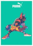  absurdres blue_eyes claws colored_sclera commentary film_grain gen_7_pokemon green_background highres hunched_over incineroar legs_apart looking_at_viewer pokemon pokemon_(creature) puma_(brand) red_footwear saiku_(zvlku) shoes sneakers standing teeth white_background yellow_sclera 