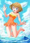  1girl :d arm_up artist_name bare_arms bare_legs bare_shoulders barefoot blue_eyes brown_hair cloud cloudy_sky commentary_request day eyebrows_visible_through_hair frilled_swimsuit frills glasses happy ichinose_minori jumping kasuga_rurito legs_up ocean one-piece_swimsuit open_mouth orange_swimsuit outdoors precure round_eyewear round_teeth shiny shiny_skin short_hair signature single_stripe sky smile solo spaghetti_strap splashing swimsuit swimwear teeth tropical-rouge!_precure upper_teeth water waves 