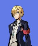  1boy absurdres armband blonde_hair blue_background blue_eyes cosplay digital_media_player dimitri_alexandre_blaiddyd fire_emblem fire_emblem:_three_houses gekkoukan_high_school_uniform hair_over_one_eye headphones highres jacket persona persona_3 ribbon school_uniform simple_background upper_body yuuki_makoto yuuki_makoto_(cosplay) 