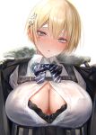  1girl absurdres bangs black_bra black_gloves black_jacket blonde_hair blue_eyes blue_neckwear blush bow bowtie bra breasts chromatic_aberration cleavage collared_shirt fur-trimmed_jacket fur_trim girls_frontline gloves hair_ornament highres jacket lace-trimmed_bra lace_trim large_breasts lifted_by_self looking_at_viewer mole mole_on_breast mole_under_eye open_clothes open_shirt parted_lips pottsness shirt short_hair sidelocks simple_background snap-fit_buckle snowflake_hair_ornament solo striped striped_neckwear sweat taut_clothes twitter_username underwear upper_body vsk-94_(girls_frontline) white_background white_shirt 