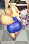  2021 absurd_res aggressive_retsuko annoyed anthro bent_over big_butt black_eyes blush bottomwear breasts butt canid canine clothed clothing cross-popping_vein detailed_background dress_shirt female fennec fenneko footwear fox fully_clothed fur furgonomics hi_res high-angle_view inside looking_at_viewer looking_back mammal office panty_lines printer rear_view sanrio shirt shoes short_stack signature skirt solo standing tamanosuke tan_body tan_fur topwear vein vest wide_hips 