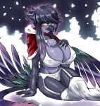  absurd_res anthro avian big_breasts black_body black_hair blush breasts christmas cleavage clothed clothing female hair hand_on_breast hi_res holidays looking_at_viewer sagitta_maverick_fur_hire sitting snow solo storm_villain winged_arms wings 