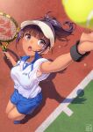  1girl arm_up armpits ball blush breasts commentary_request eyebrows_visible_through_hair from_above graphite_(medium) grey_eyes grey_hair gym_uniform highres looking_up medium_breasts open_mouth original pairan ponytail racket shoes sneakers sweat tan tanline tennis tennis_ball tennis_court tennis_racket traditional_media visor_cap wristband 