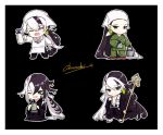  1boy alternate_costume alternate_hairstyle ashiya_douman_(fate) asymmetrical_hair bell black_eyes black_hair black_kimono chibi cleaning collage curly_hair earrings fate/grand_order fate_(series) green_eyeshadow green_kimono green_lipstick hair_bell hair_between_eyes hair_intakes hair_ornament hakama_skirt head_scarf japanese_clothes jewelry kimono lipstick long_hair magatama magatama_earrings makeup male_focus multicolored_hair one_eye_closed purionpurion smile staff two-tone_hair very_long_hair white_hair 